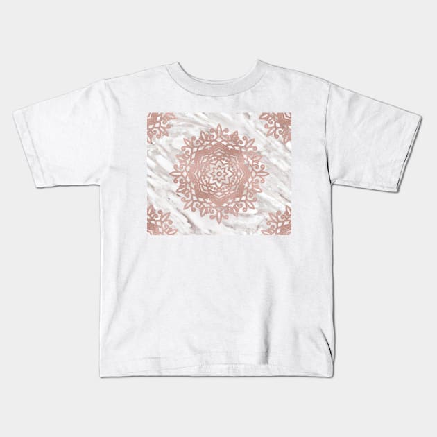 Rose gold mandala on taupe marble Kids T-Shirt by marbleco